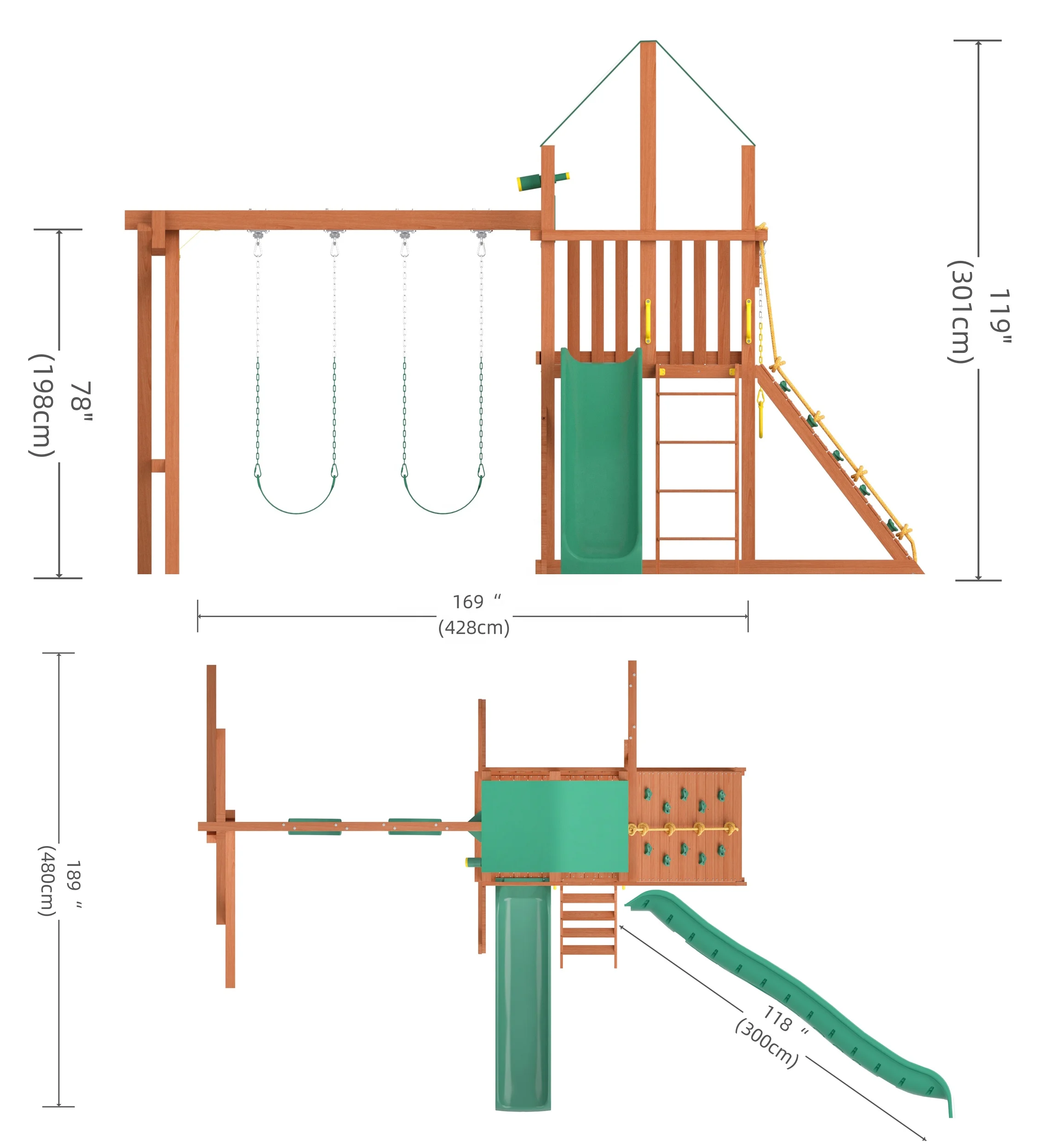 Playground Kids timber Swing And Slide Sets On Sale Patio outdoor Wood Climbing Frame Wooden Swing Set with Plastic Accessories