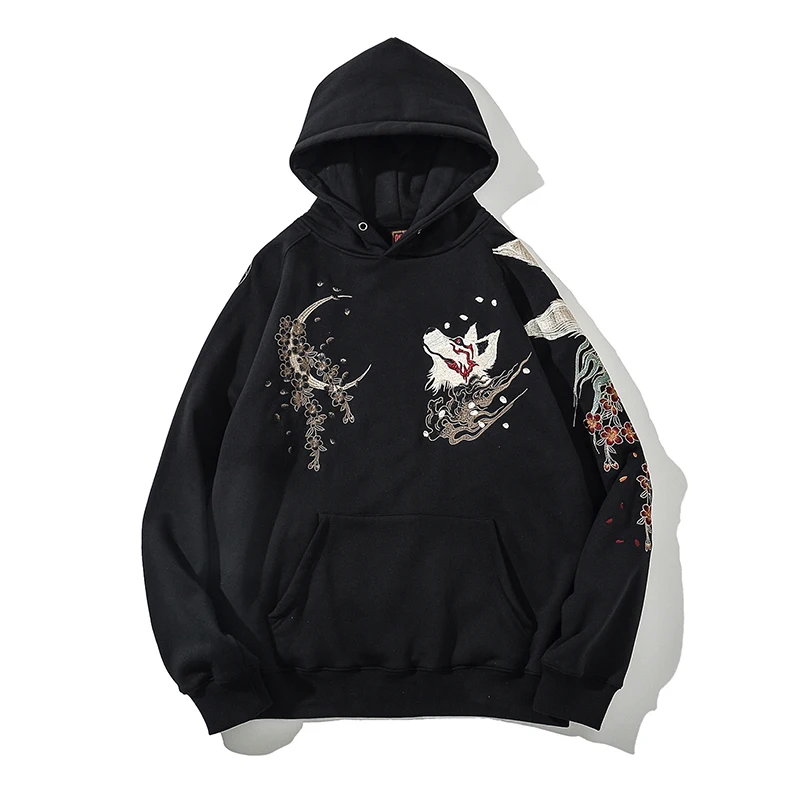 Japanese Style Yokosuka Ukiyo-e Embroidery Nine-tailed Fox Personality Plus Velvet Hooded