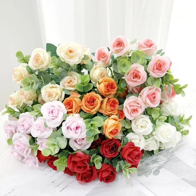 Artificial flowers 5 fork Eucalyptus rose decoration put a bouquet of flowers pastoral small fresh wedding scene