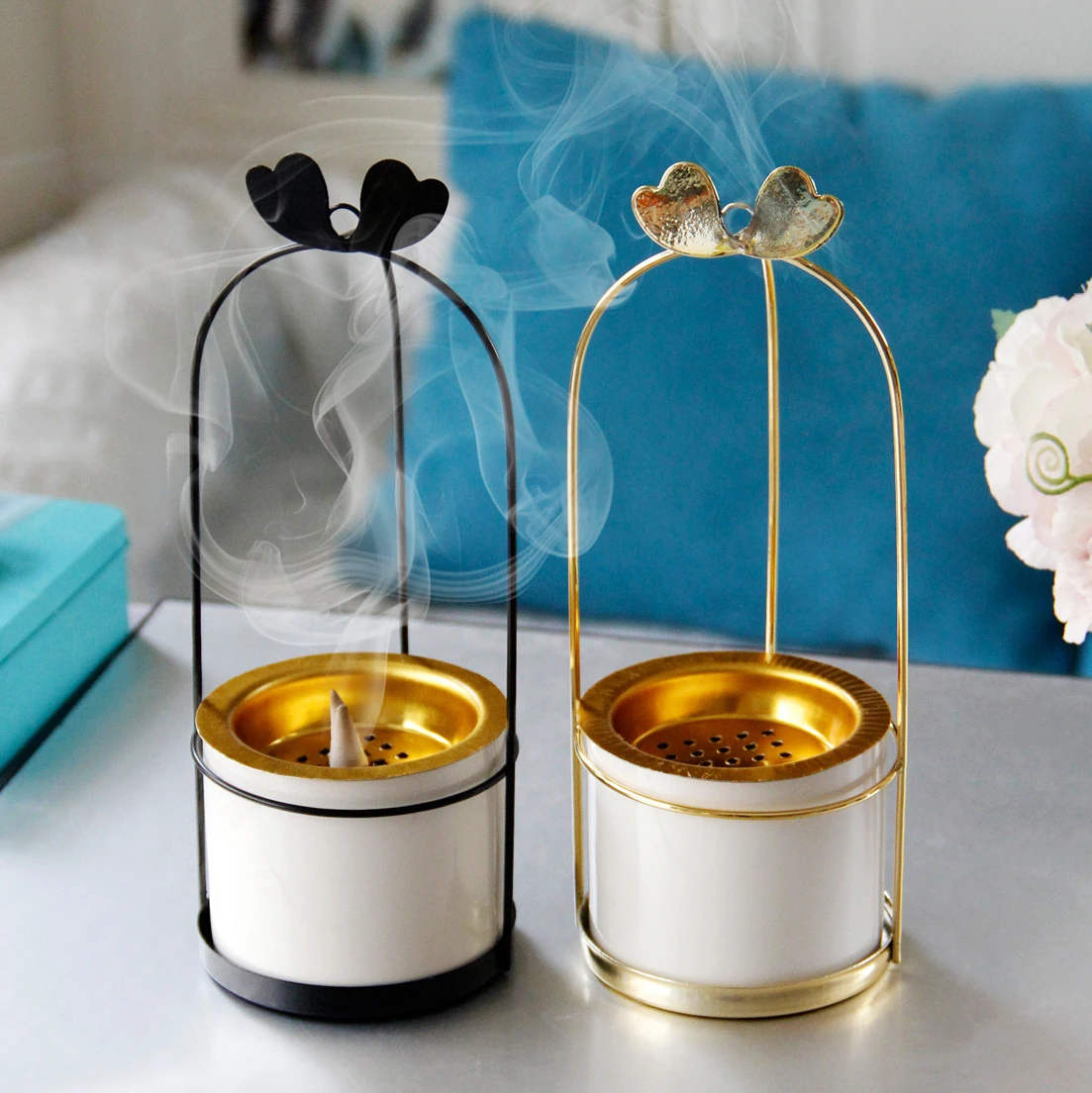 2024 New Design Backflow Incense Burner with Gold Metal Base Ceramic Base Lid for Incense Stick