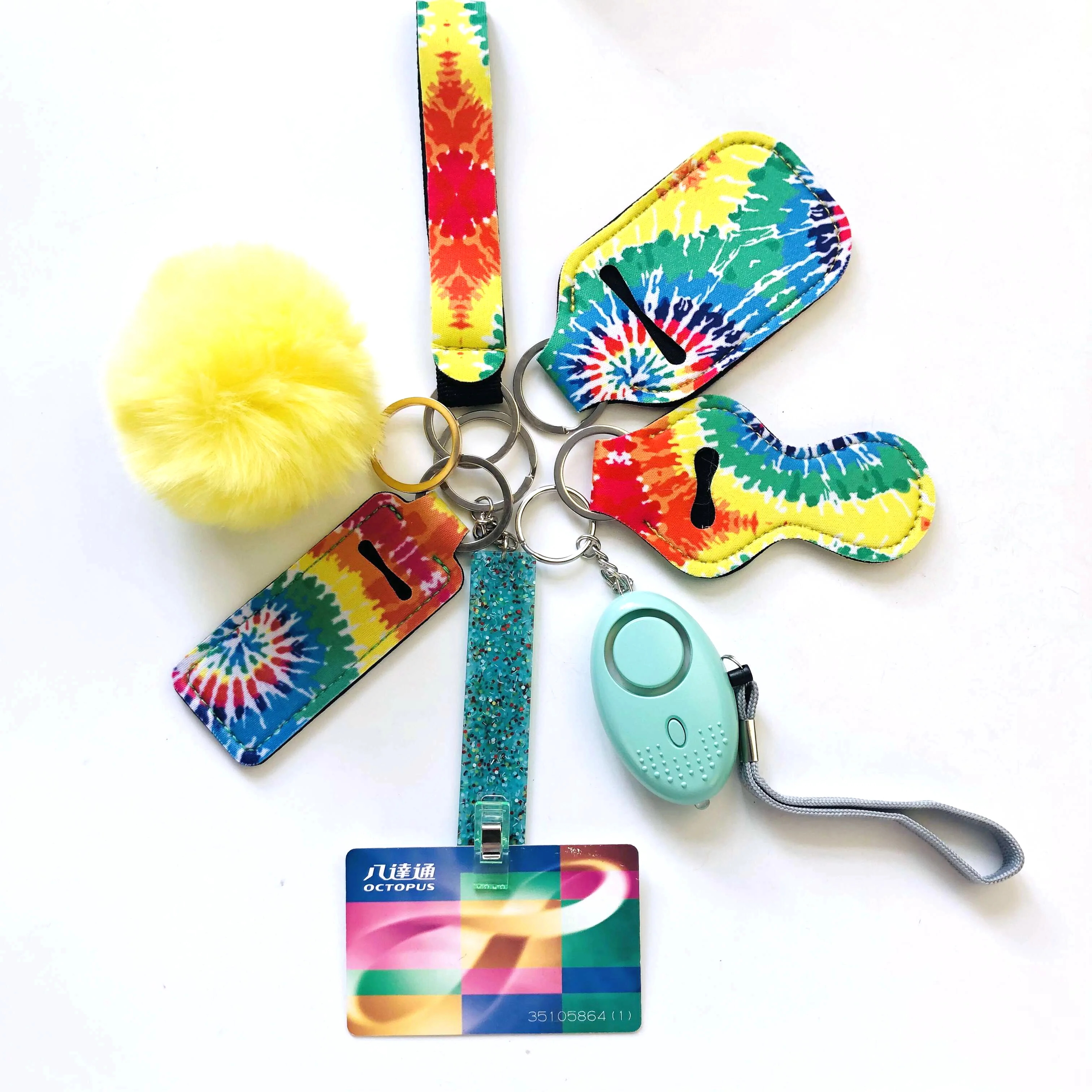 safety keychain supply self defense keychain pom pom fur ball wristlet card grabber keychain- 6/8/9/10pcs set