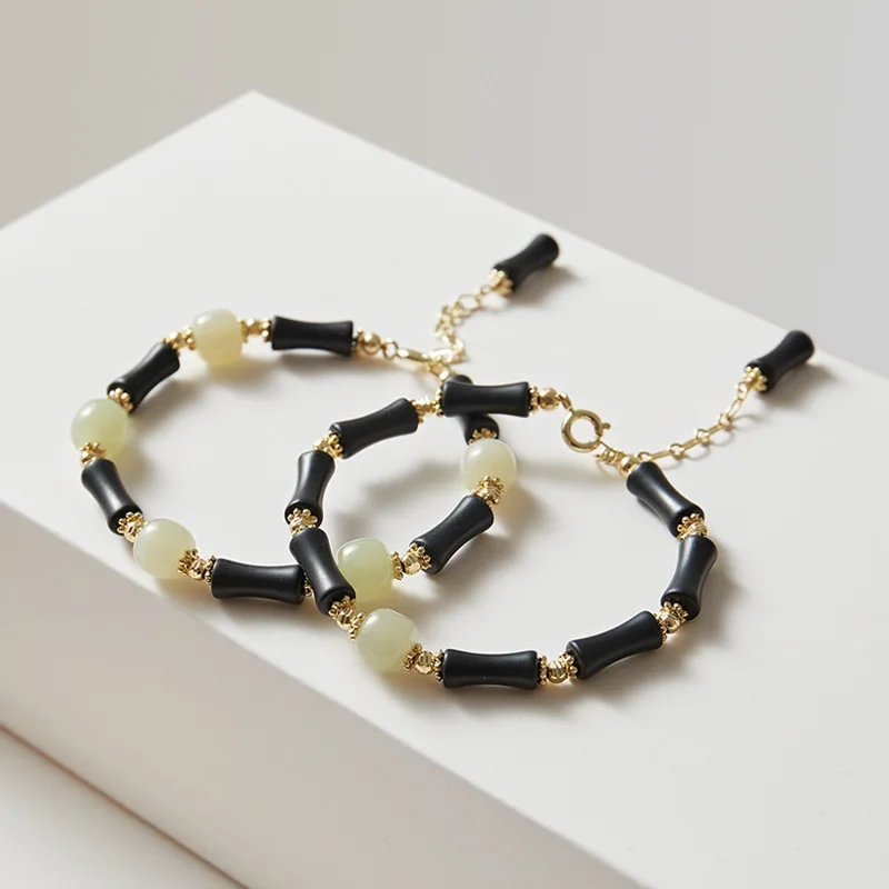 China Style Natural Hetian Jade Bracelet Women New Bamboo Shape Bracelet Transfer Beads Jewelry
