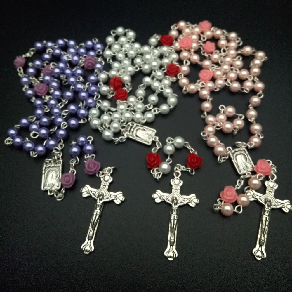 Rosary Catholic Necklace Handmade Cross Necklace Religious Jewelry Cheap Catholic Prayer Beads Catholicism Pearl Rosary Necklace