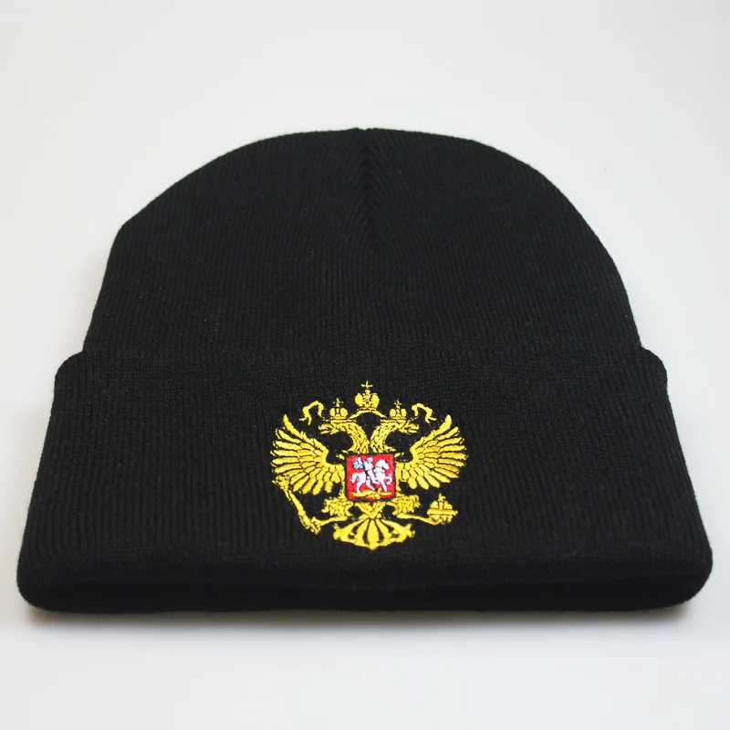 Popular Russia National Emblem Badge Embroidery Knitted Hat Sleeve Cap Autumn Winter Warm Hat Cold Beanie