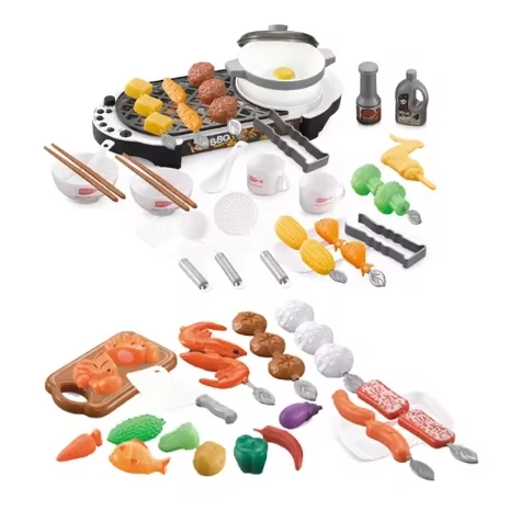 Hot Selling Kids BBQ Cooking Game 69pcs Pretend Playing Barbecue Kitchen House Toy Set With Light Sound Spray For Birthday Gifts