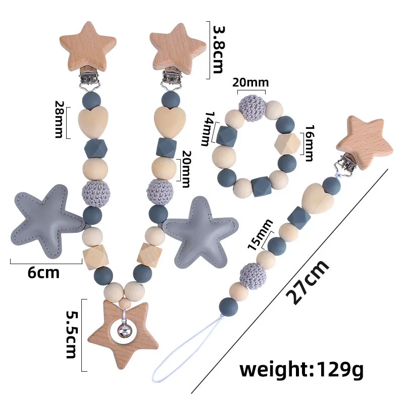 New Style 3pcs/Set Teething Crochet Beads Bracelet Wooden Pacifier Clip Chain Baby Soothe Pacifier Chain Set