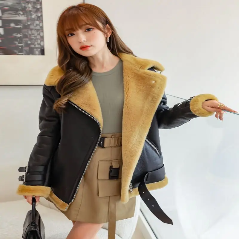 Camel Color Sheepskin Shearling Coat ,Lamb Skin real woman leather coat  italian leather genuine fur coats with cuffs