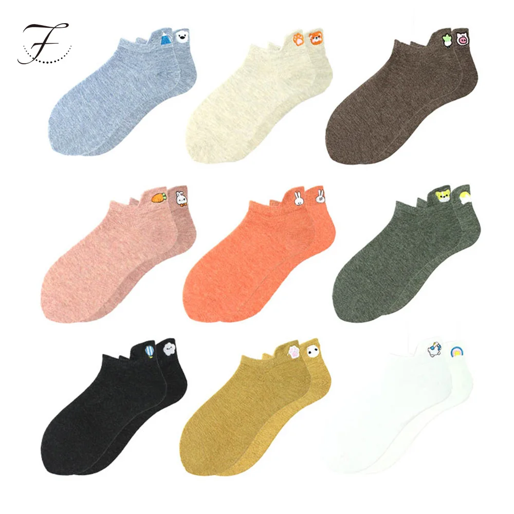 Fiona RTS  Machine Knitting Premium Custom No Show 100 Pure Cotton Socks Summer School Girl Short Embroidered Socks For Ladies