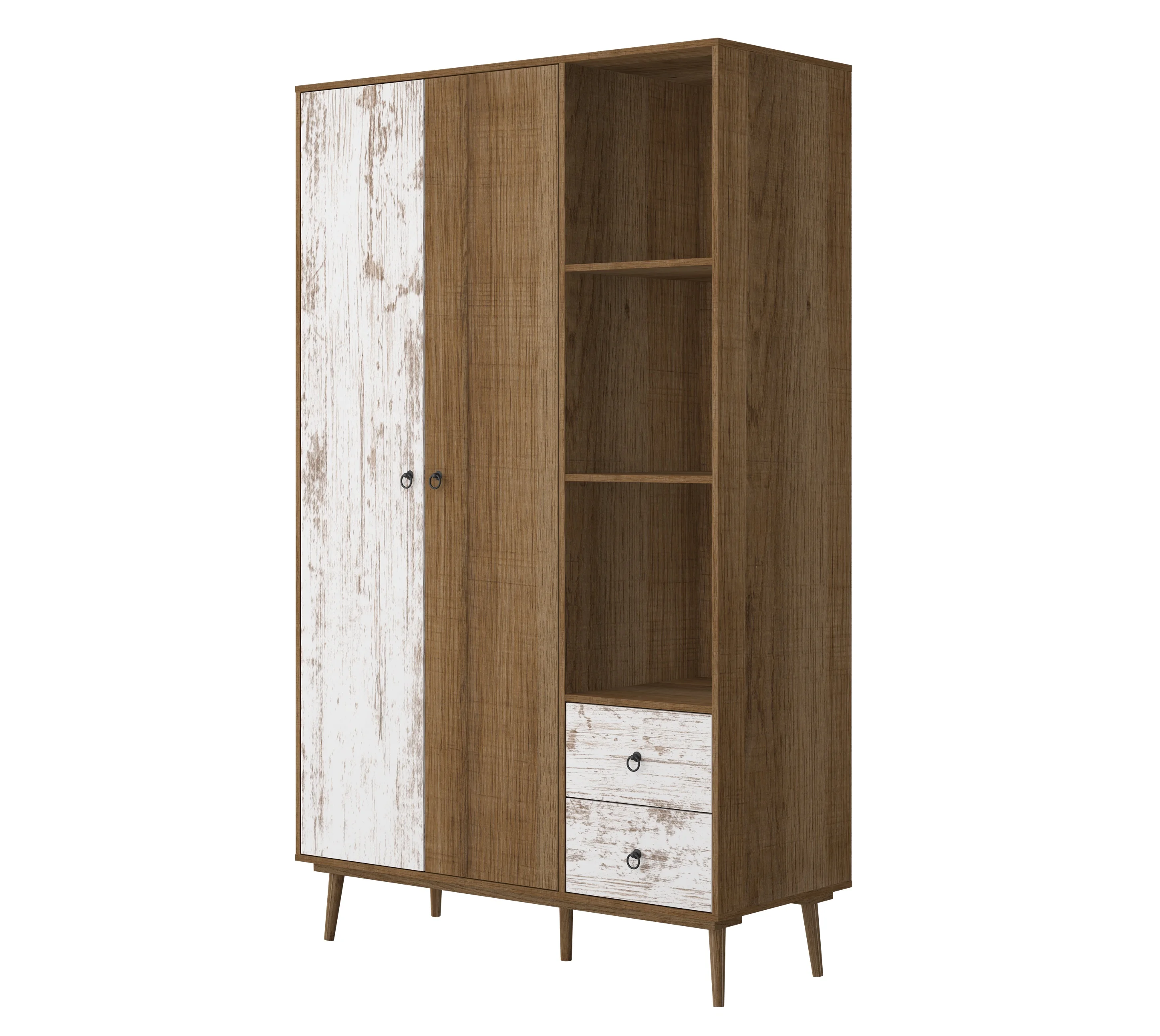 Retro Style Bedroom Furniture Modern Wardrobe Pine Antique Wooden Cabinet Two-door Three-compartment Two-draw Vintage Wardrobe