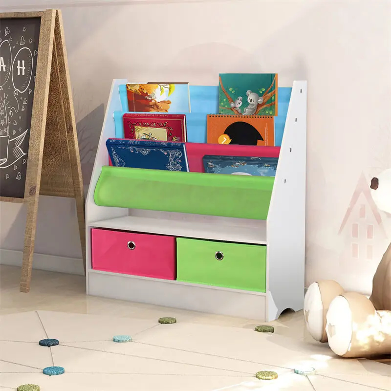 Exquisite US drop shipping retail comic book storage shelf with 2 fabric bins easy to built wood kids furniture bookcase