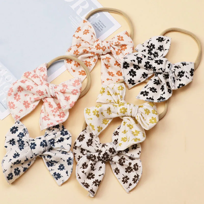 LRTOU New Arrival Nylon Fabric Elastic Baby Hair Bow Hairband Wholesale Cute Flower Printing Baby Kids Girl Hair Accessories
