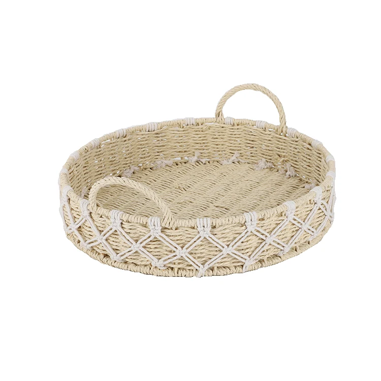 Natural Woven Paper Cotton Thread Storage Basket Decorative Wicker Round Fruits Bread Storage Tray