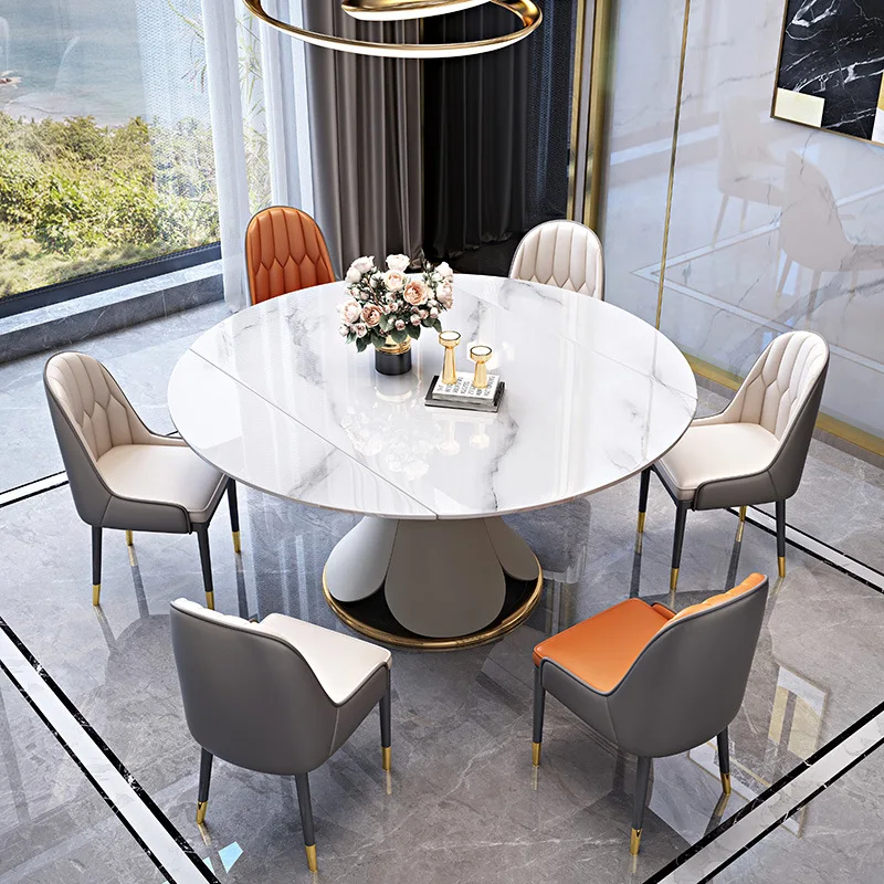 Modern light luxury dining room furniture Retractable marble dining table with chairs for kitchen