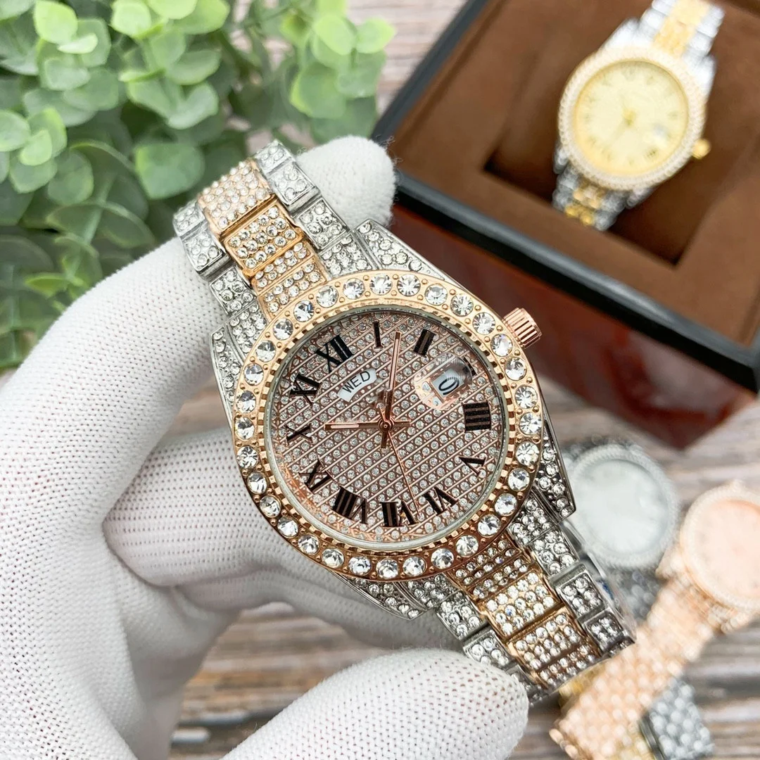 Wholesale High Quality Fully Rhinestone Diamond Hip Hop Color Gold Watch Men Luxury Iced Out Bling Wrist Watches