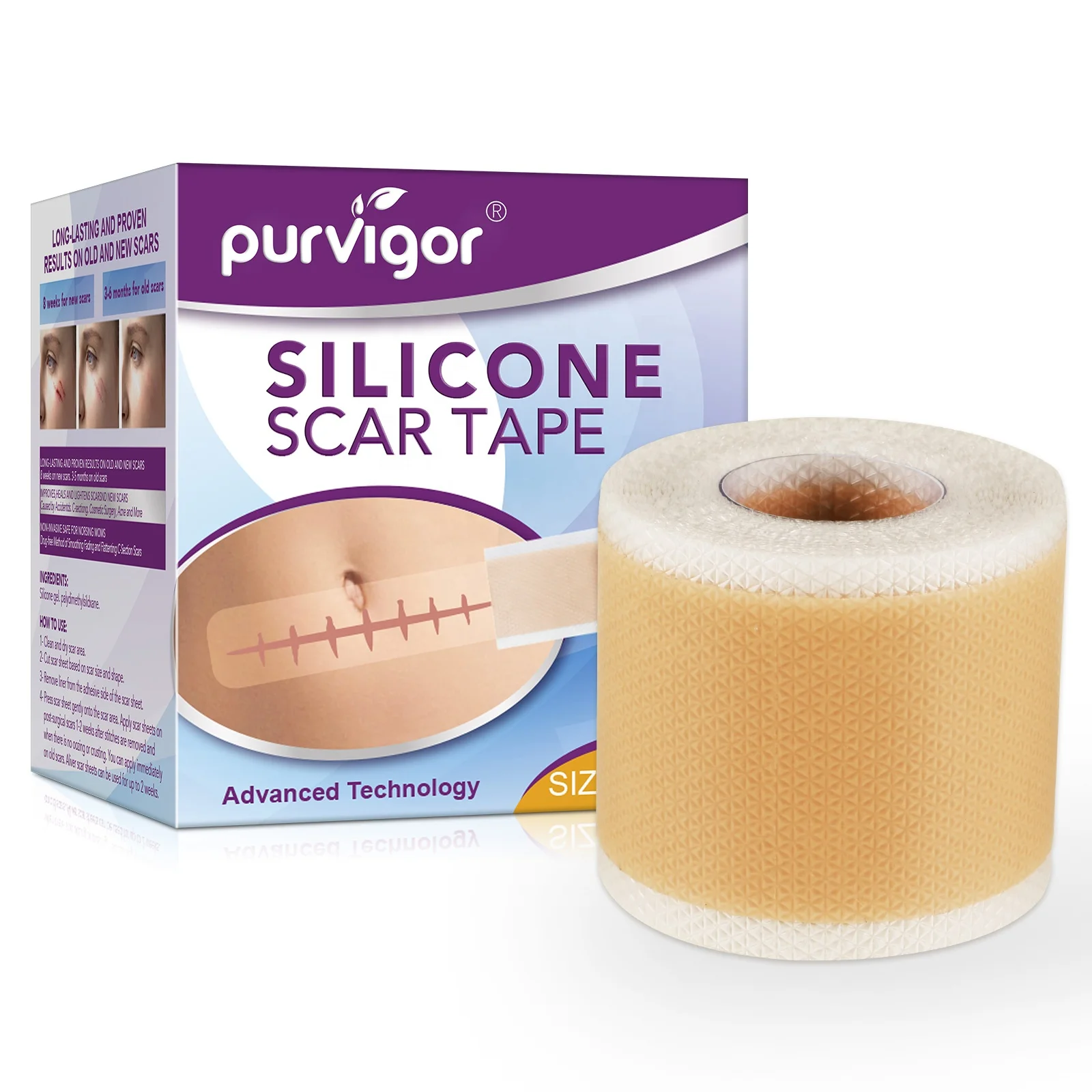 PURVIGOR silicone scar sheets roll,waterproof medical repair skin gel scar removal keloid silicone scar sheets strips tape
