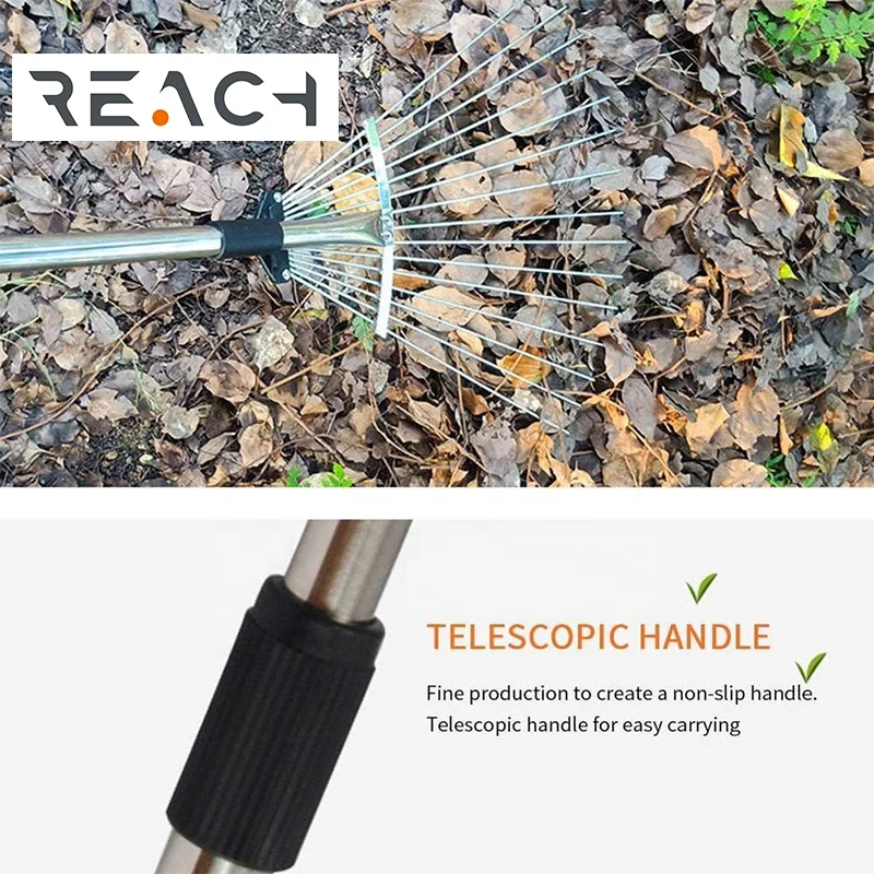 15 tine telescopic steel leaf rake with adjustable folding head