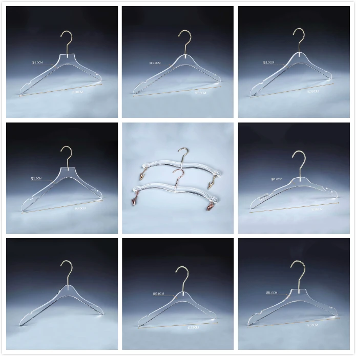 Clear Acrylic Clothes Hanger with Gold Hook Transparent Shirts Dress Hanger with Notches for Lady Kids