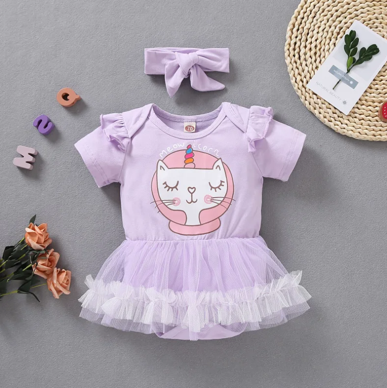 Wholesale Baby short sleeve for summer letter printing tulle skirt Baby girls Romper