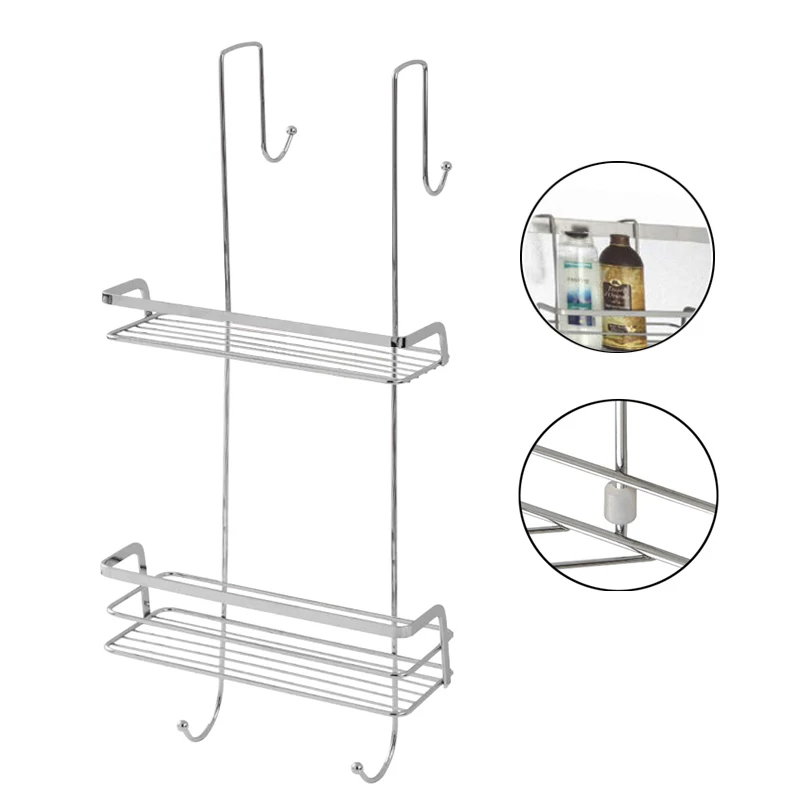 rustproof 2 Tier wall bathroom hanging storage shower shelves over head shower caddy with hooks over the door