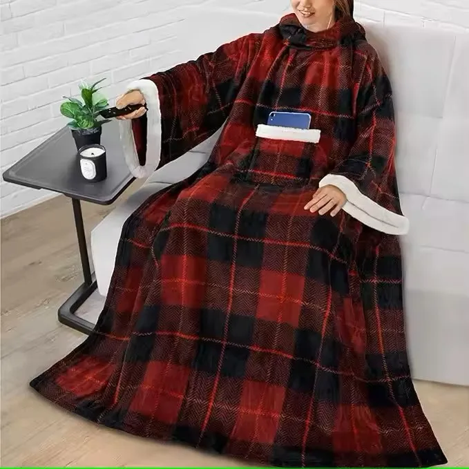 High Quality Adult Lattice Sherpa Fleece Blanket With Pocket For Sofa Watching  TV