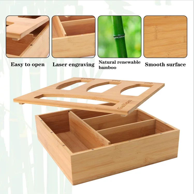 High quality  laser engraved letters hand fine polished durable bamboo ziplock bag storage organizer