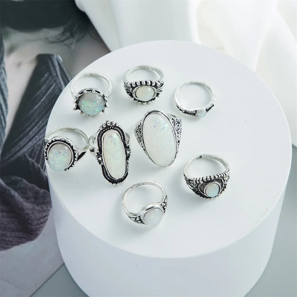 VKME Vintage Silver Color Rings Sets Colorful Opal Crystal Stone Carve For Women Bohemian Jewelry