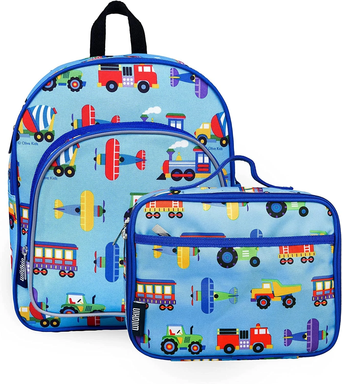 12 Inch Backpack Bundle with Insulated Lunch Box Bag (Trains, Planes & Trucks)
