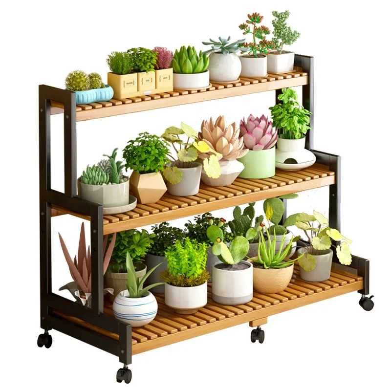 Flower Pot Stand Rack Holder,Display Plant Ladder Outdoor Indoor Storage Organizer Rack, Bamboo Rolling Plant Stand with Wheels,