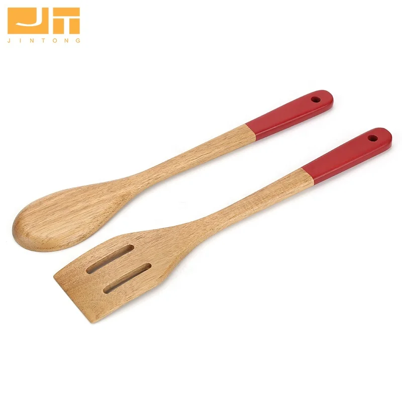 High Quality Acacia Wood Cooking Set 2Pcs Wooden Solid Spoon Slotted Turner Kitchenware With Color Printing Handle Hanging Hole