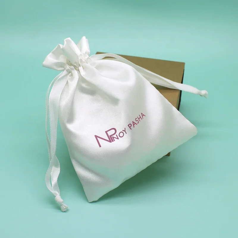 Customized Smooth White Jewelry Gift Bag Silk Satin Drawstring Pouch Bag Wig Storage Bag