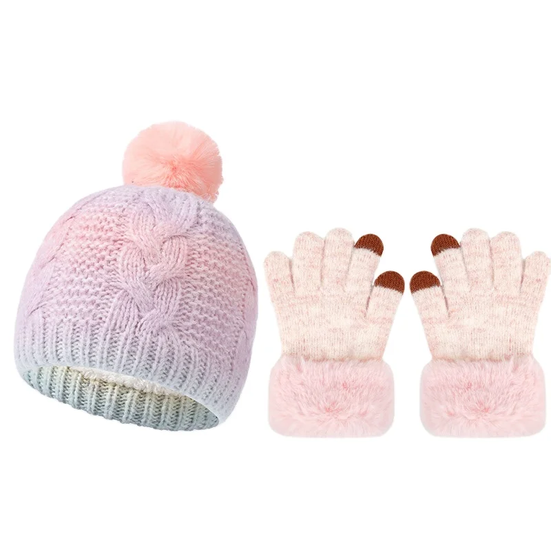 Kids Winter Hat Gloves Scarf Set Girls Children Hats Beanie with Pom Knit Neck Warmer Gaiter Mittens Fleece Lined Set