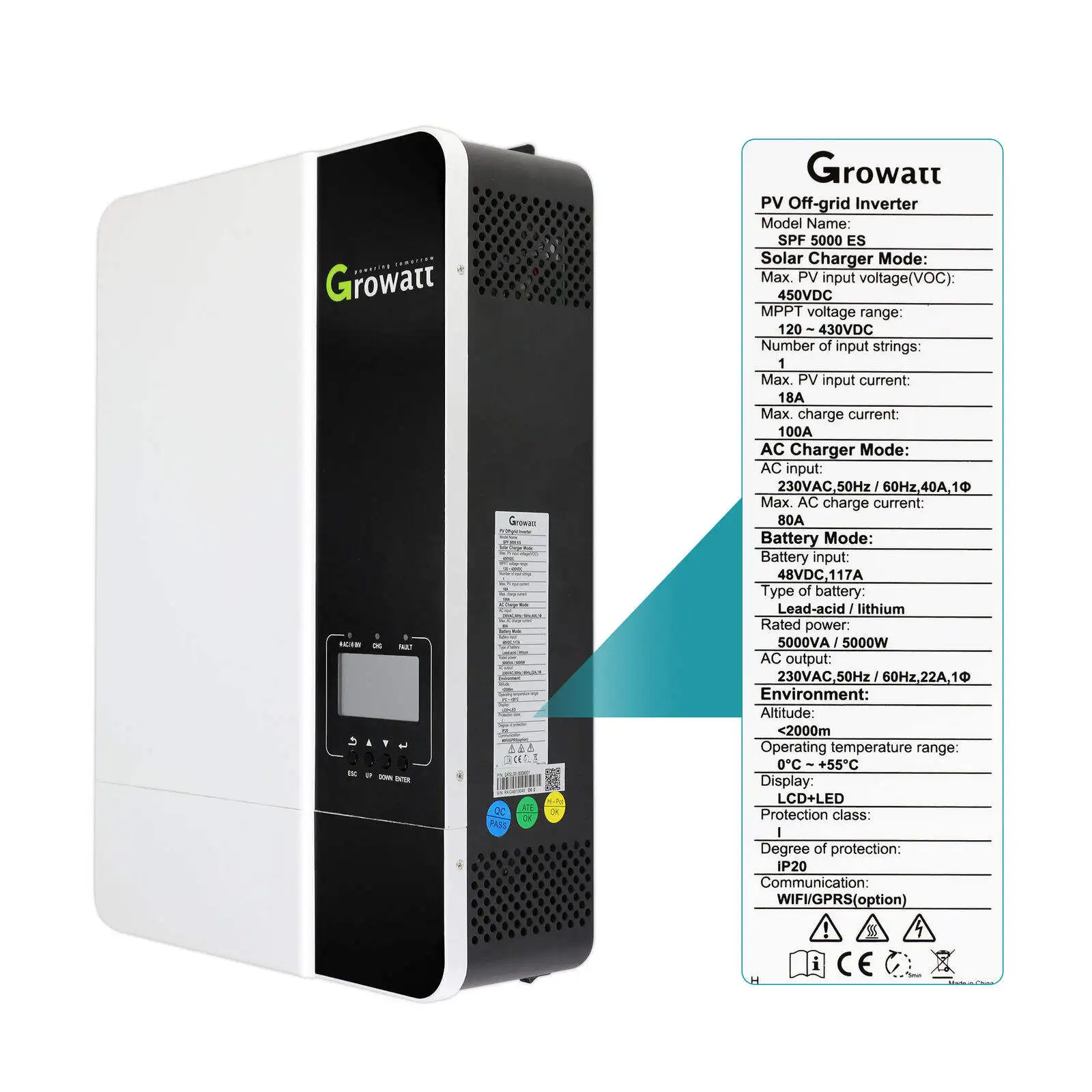 Growatt off Grid Solar Inverter 5kw 5kva Wifi Spf 5000 Es Growatt 3.5kw Spf 5000es off Grid Inverter Solar System