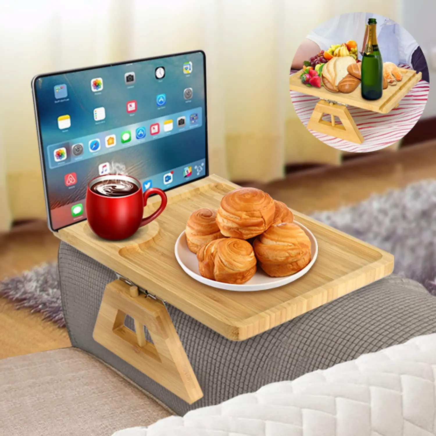 Rectangle Portable Folding Cup Holder Arm Tray Bamboo Sofa Armrest Tray Table Couch Arm Tray For living Room
