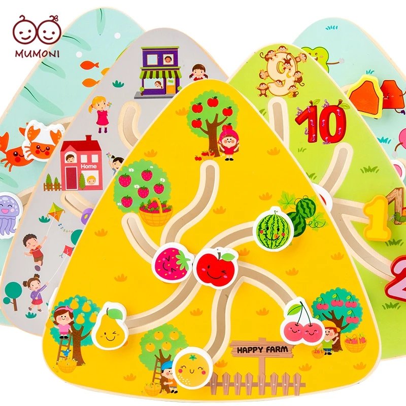 Hot sale kids logic thinking game fruit and transportation theme brain teaser game wooden maze game