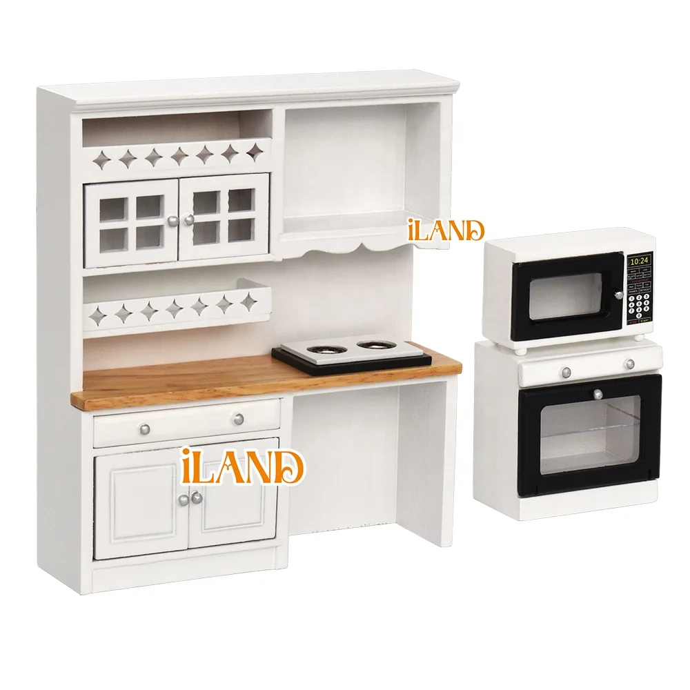 iLAND Wooden Dollhouse Furniture on 1/12 scale for Modern Doll House Kitchen Miniature Kitchen Cabinets Fridge Oven Microwave
