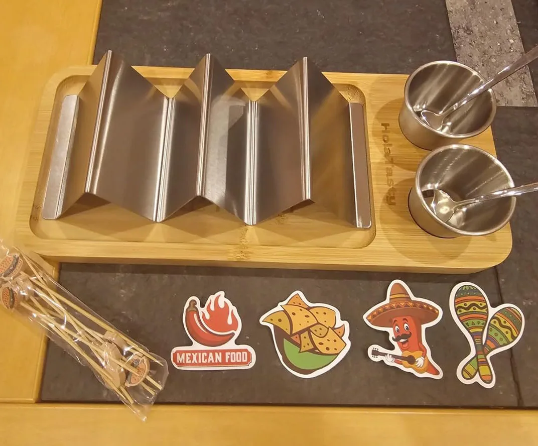 3-in-1 Taco Holder Kit Set Stainless Steel Shell Stand Bamboo Serving Tray with Sauce Cup