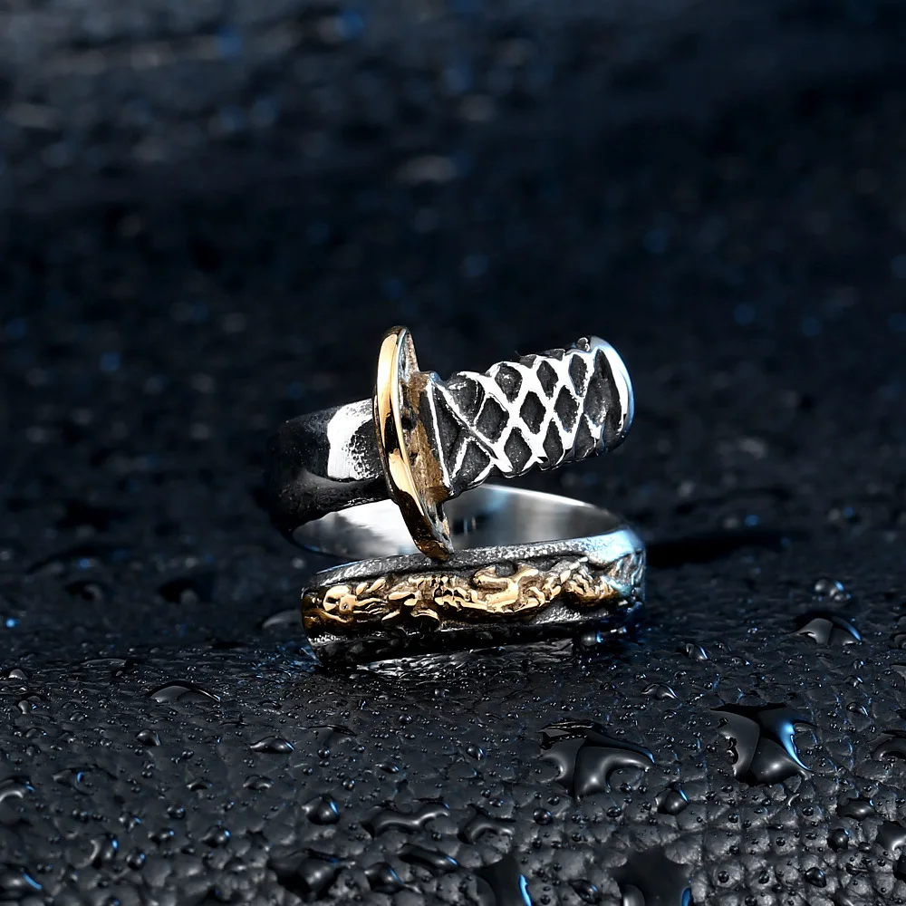 Retro Antique Dragon Pattern Katana Rings Gold Plated Stainless Steel Jewelry Mens Ring
