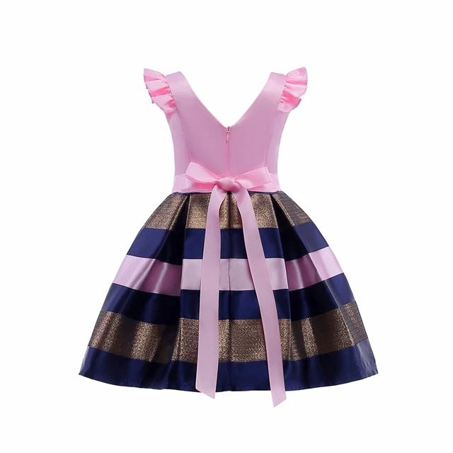 Western Children Flare Sleeve Lace Fashion Stripe Flowers Casual Girls Dresses Wedding