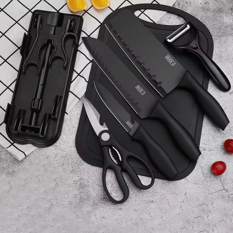 7 Pieces Black Kitchen Knife Set with Cutting Board and Knife Block Professional Kitchen Chef Knives Set for Cooking