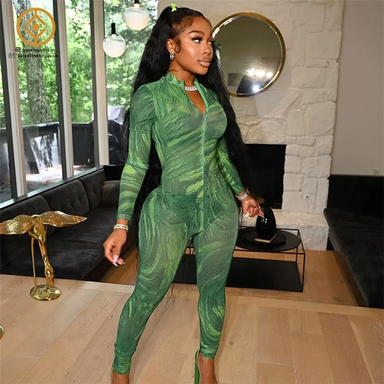 H1JP479 2022 New Fashion Pattern Print Sporty Activewear Long Sleeve Zipper Bodycon Jumpsuit Women Casual