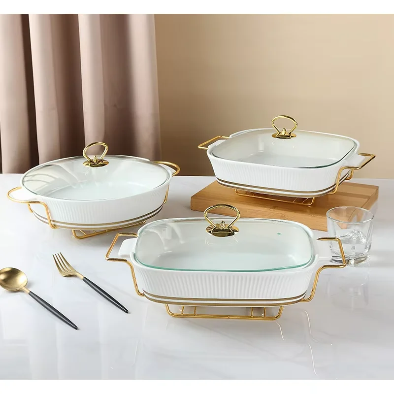 Factory direct sell hotel used ceramic chafing dish ceramic buffet food warmer with glass lid