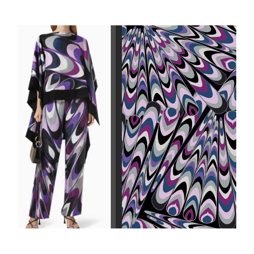 factory custom dresses or printed fabrics geometry line kaleidoscope morden Pop art style satin polyester fabrics for woman