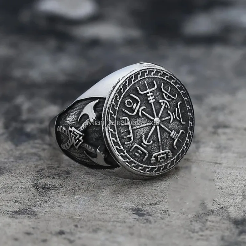 Nordic Man Stainless Vintage Steel Viking Ring Retro Jewelry Wholesale Silver Cross Religious Gemstone Rings