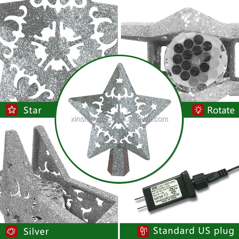 Factory Wholesale Directly 3D Glittered Gold Silver Christmas Star Tree Topper LED Lighting with Rotating Snowflake Projector