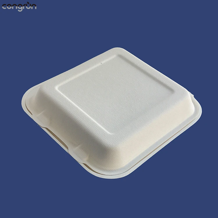 9 inch clamshell food take-out box sugarcane bagasse disposable biodegradable fast food packaging take away  box for kids snack