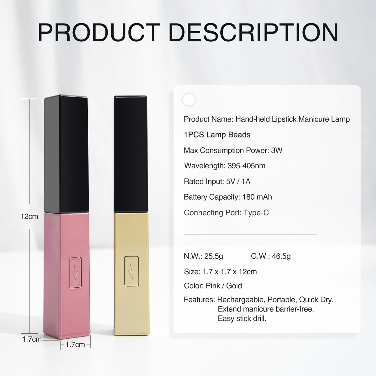 CANNI factory supply mini 3w hand-held lipstick manicure nail lamp with 1 pc lamp bead nail art tools with USB plug