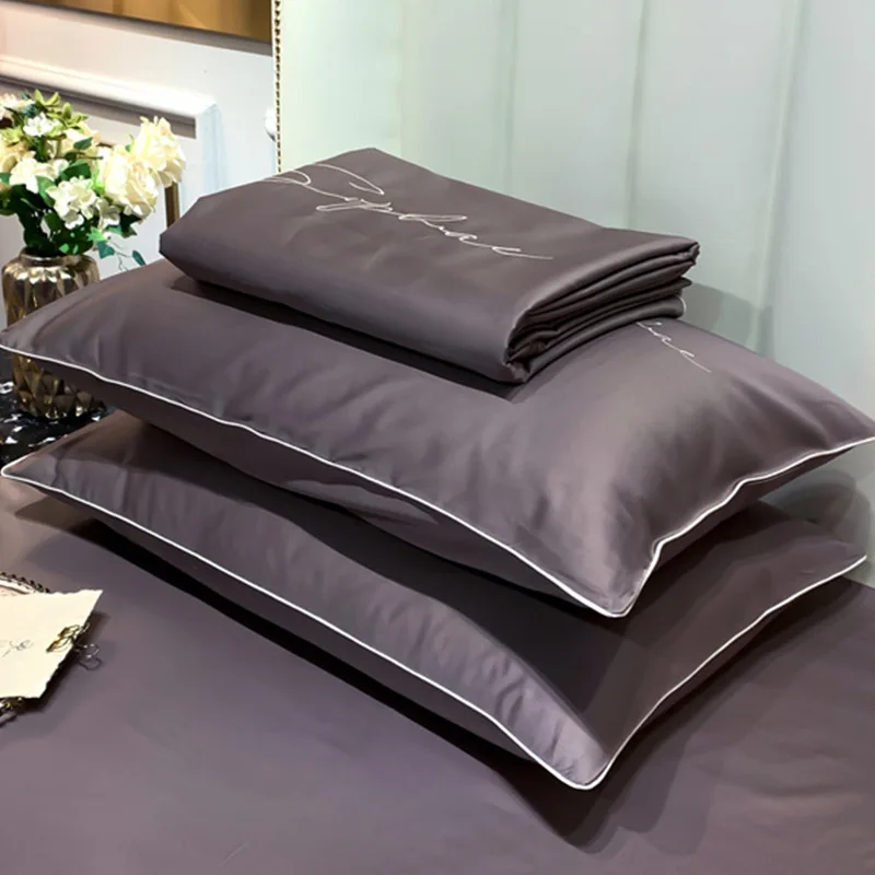 Solid Color Purple Embroidery Letter Tencel Natural Packaging Satin Mulberry Wholesale Vegan Slip Pure Silk Satin Pillowcase