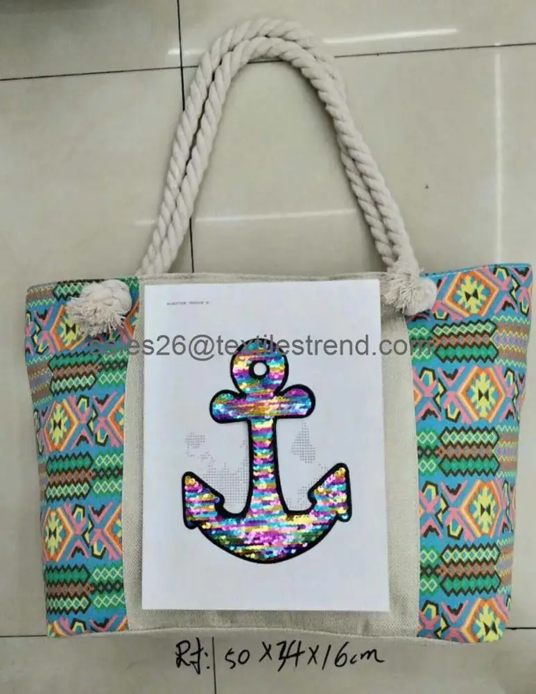 Fashion Lady Crochet Stripe And Anchor Embroidered Beach Bag