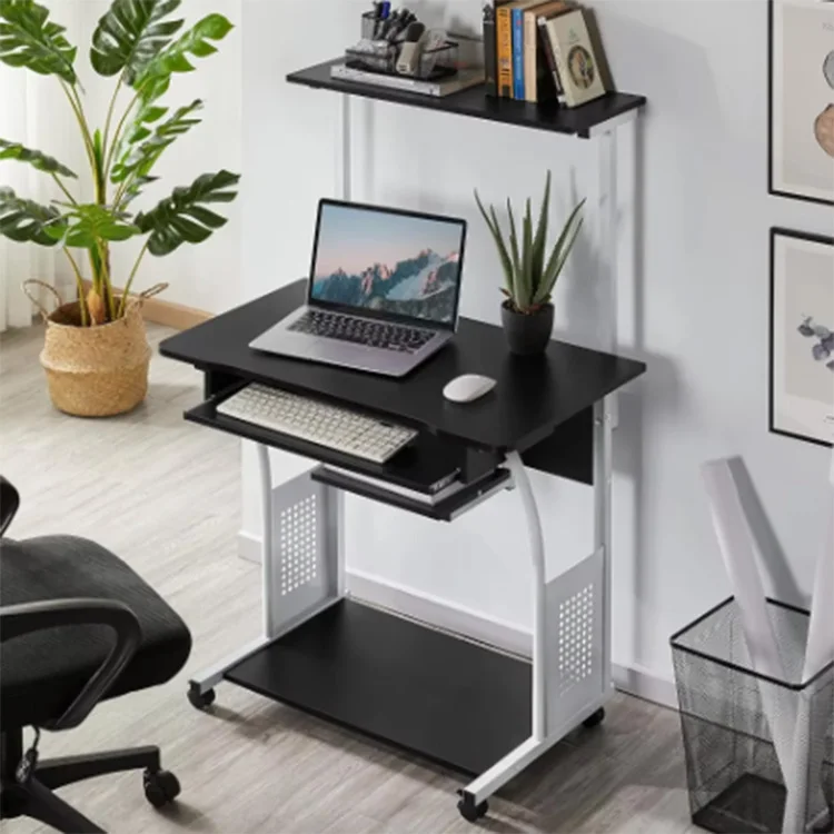 3 Tiers Rolling Computer Desk with Keyboard Tray and Printer Shelf for Home Office, Mobile Computer Desk