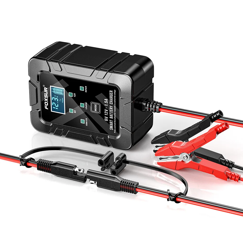 FOXSUR 1.5A Car 12V 6V Motorcycle Battery Charger for Lead-acid Lithium Iron Battery Charger